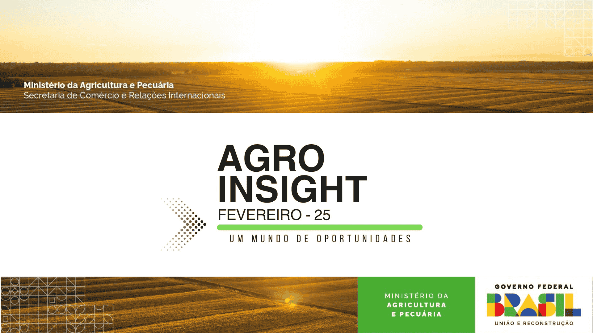 Imagem de capa do relatório AgroInsight Fevereiro 2025, destacando oportunidades globais para o agronegócio brasileiro, com paisagem agrícola ao fundo.