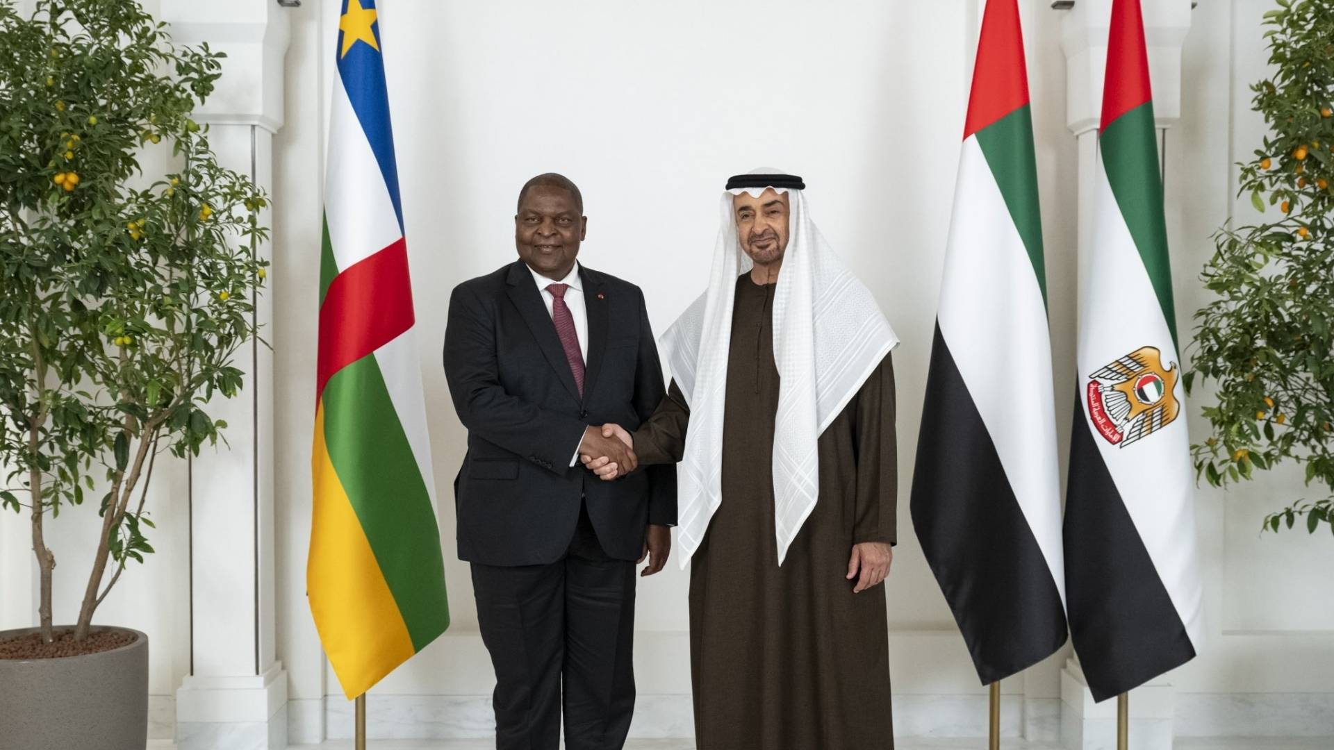 Presidentes dos Emirados Árabes Unidos e da República Centro-Africana apertam as mãos após assinatura de acordo econômico CEPA, com bandeiras nacionais ao fundo.