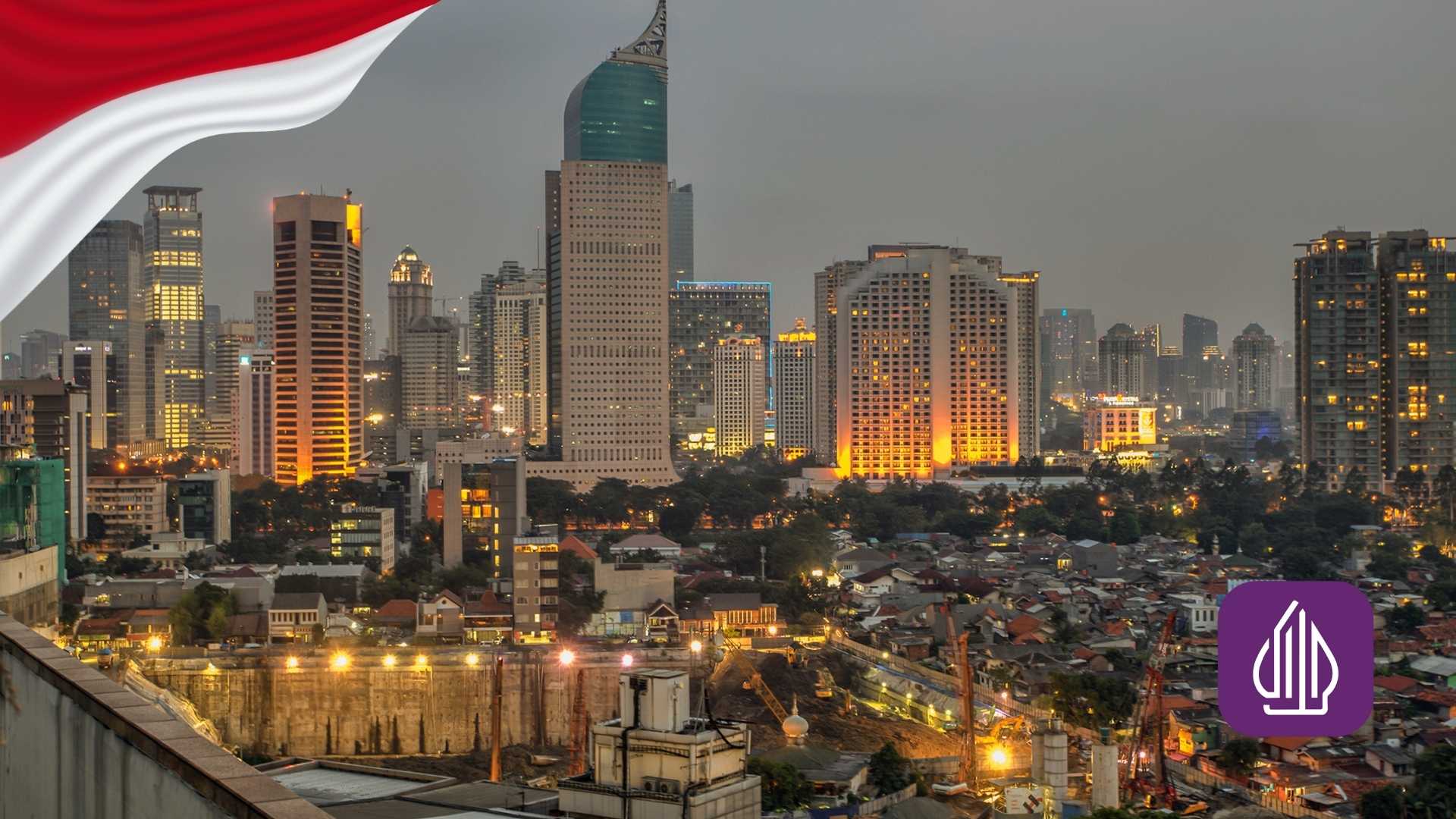 Skyline noturno de Jacarta com a bandeira indonésia e símbolo halal, representando a liderança do país na economia islâmica global.